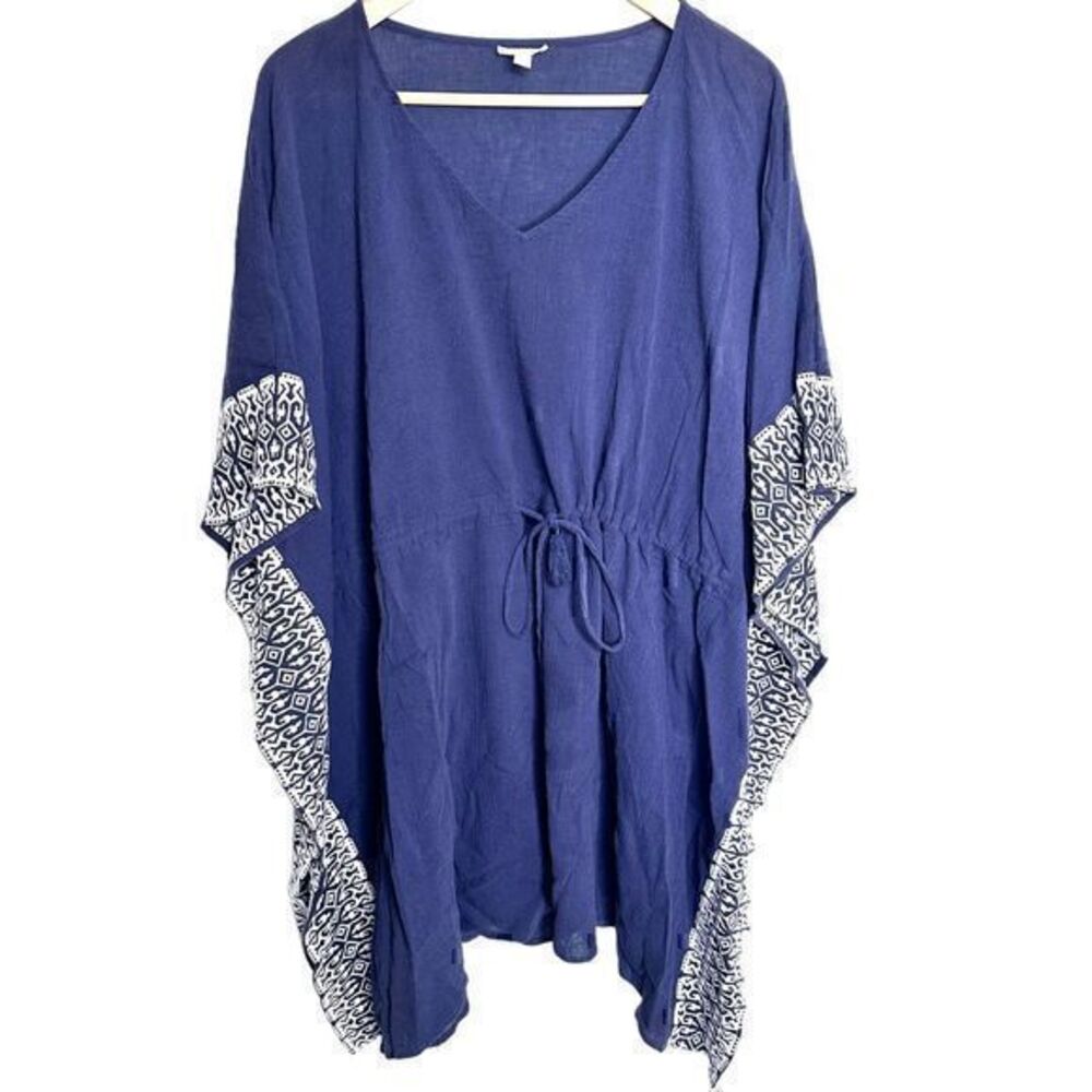 Garnet Hill Navy Blue V‑Neck Swim Coverup with White Patterned Trim